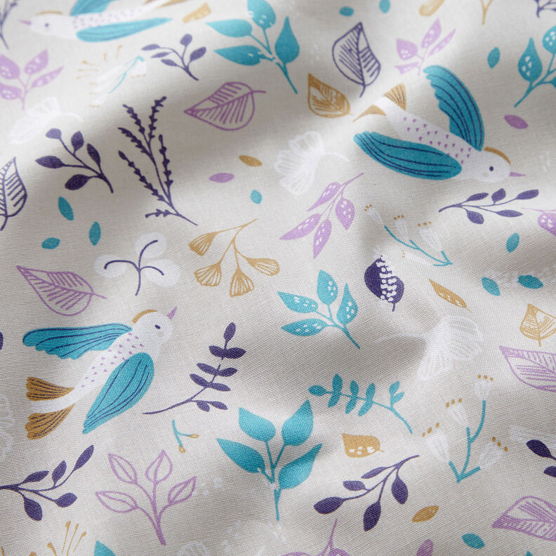 Cotton Poplin Flower meadow with little birds – natural,  image number 2