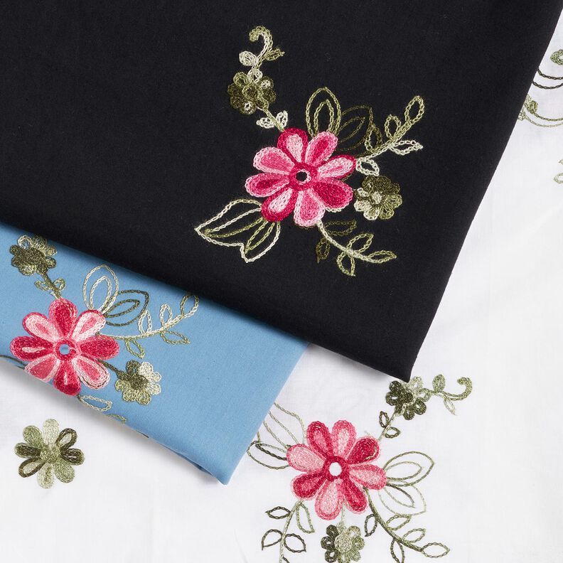 Cotton Poplin Embroidered bouquets – white/berry,  image number 5