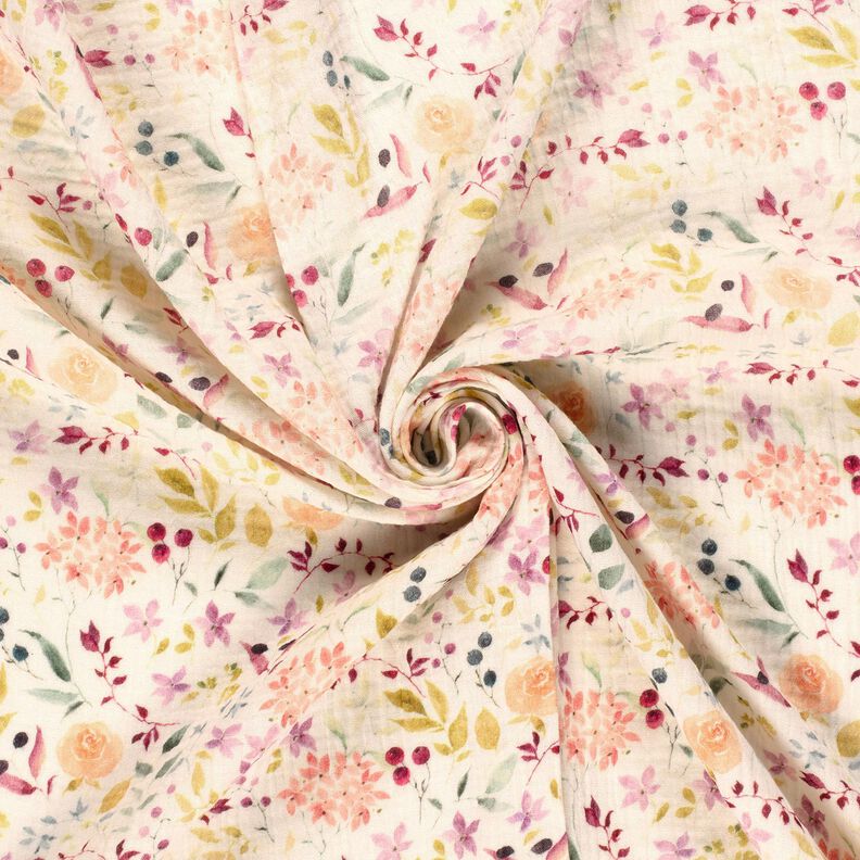 Double Gauze/Muslin Watercolour Floral Meadow Digital Print – cream,  image number 3