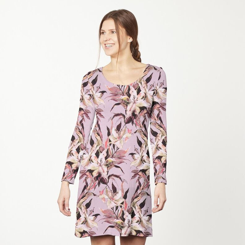 Cotton Jersey large lilies digital print – pastel violet/greige, image number 5