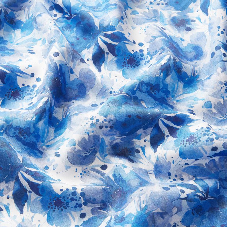 viscose fabric Flowers with splashes of colour – royal blue/white, image number 2