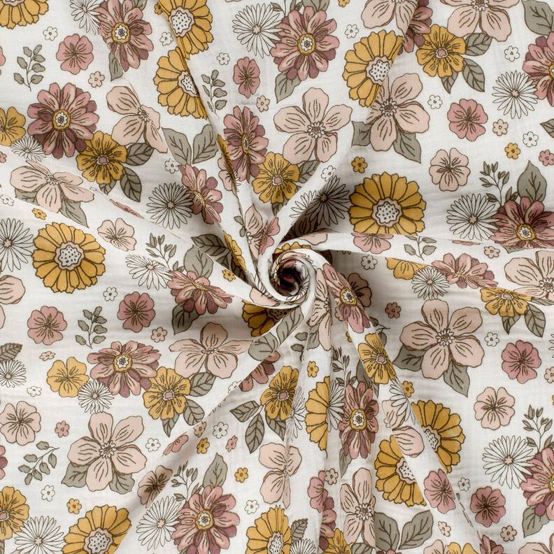Double Gauze/Muslin Retro Flowers – white, image number 3