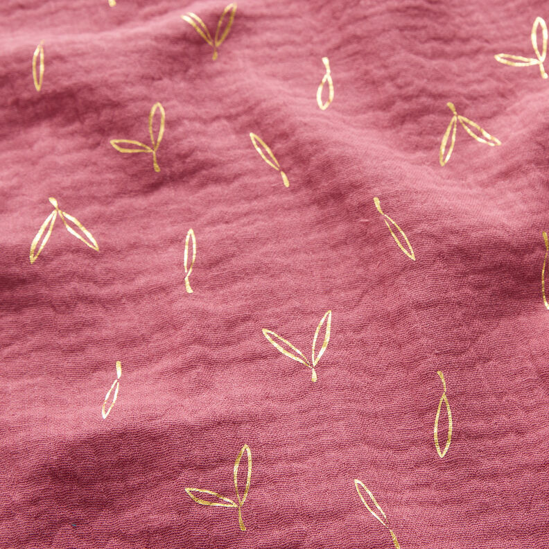 Double Gauze/Muslin Foil Print leaves – raspberry/gold,  image number 2