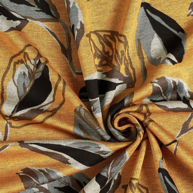 Viscose Jersey large autumn leaves – curry yellow/slate grey, image number 3