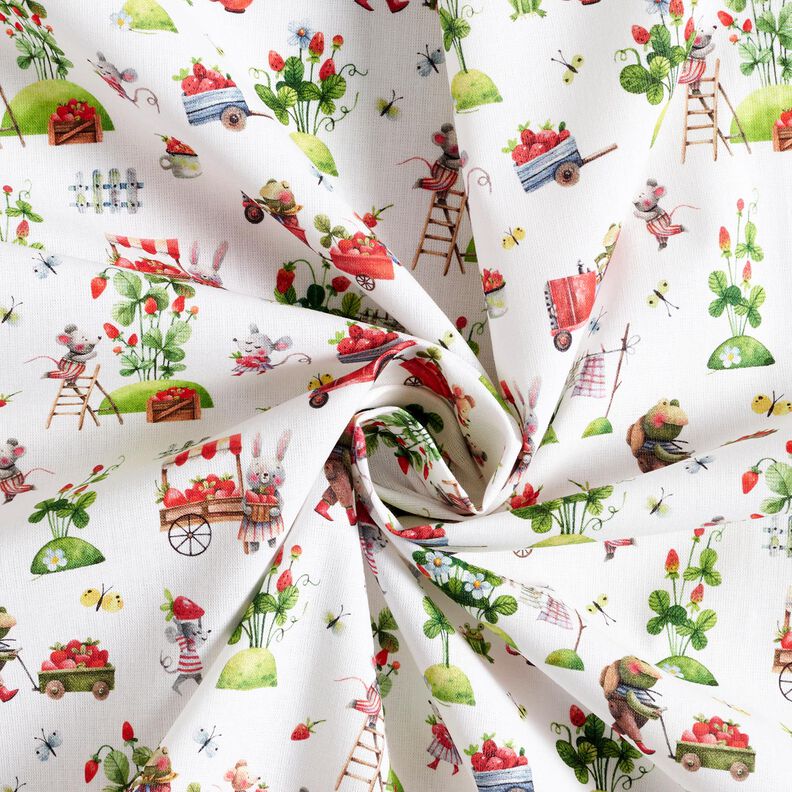 Cotton Poplin Strawberry harvest Digital Print – white,  image number 3