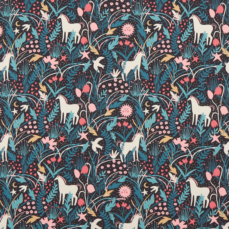 Cotton Poplin Unicorn in the Fairytale Forest – black,  image number 1