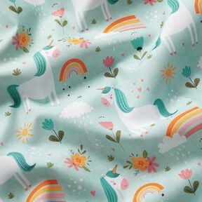 Cotton Poplin Unicorn in the rainbow world Digital Print – ice blue, 