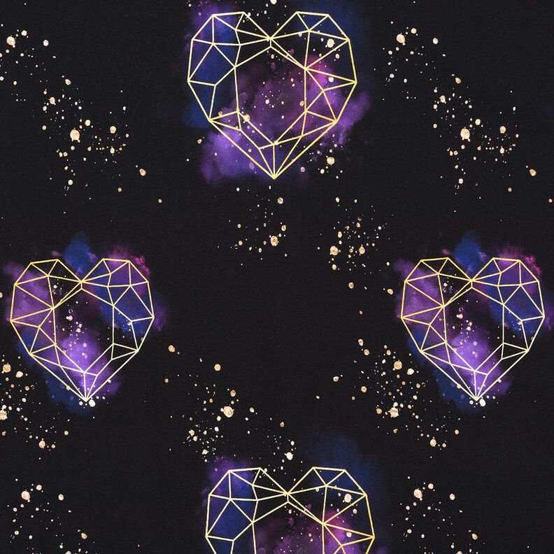 Cotton Jersey Origami hearts with gold sprinkles | Glitzerpüppi – black/lilac, image number 1