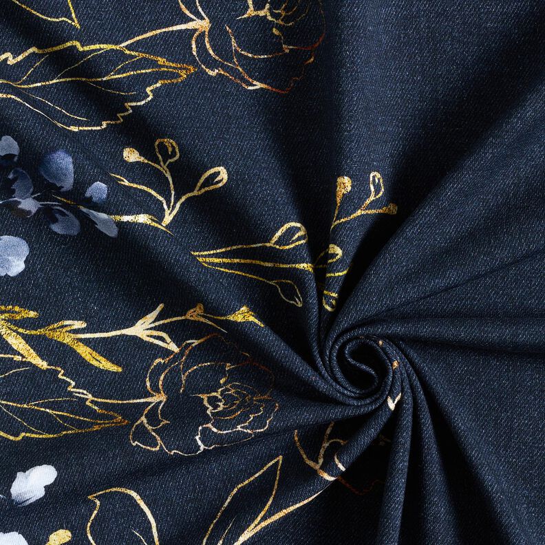 Cotton Jersey Border fabric flowers in golden glitter | Glitzerpüppi – midnight blue/denim blue,  image number 3