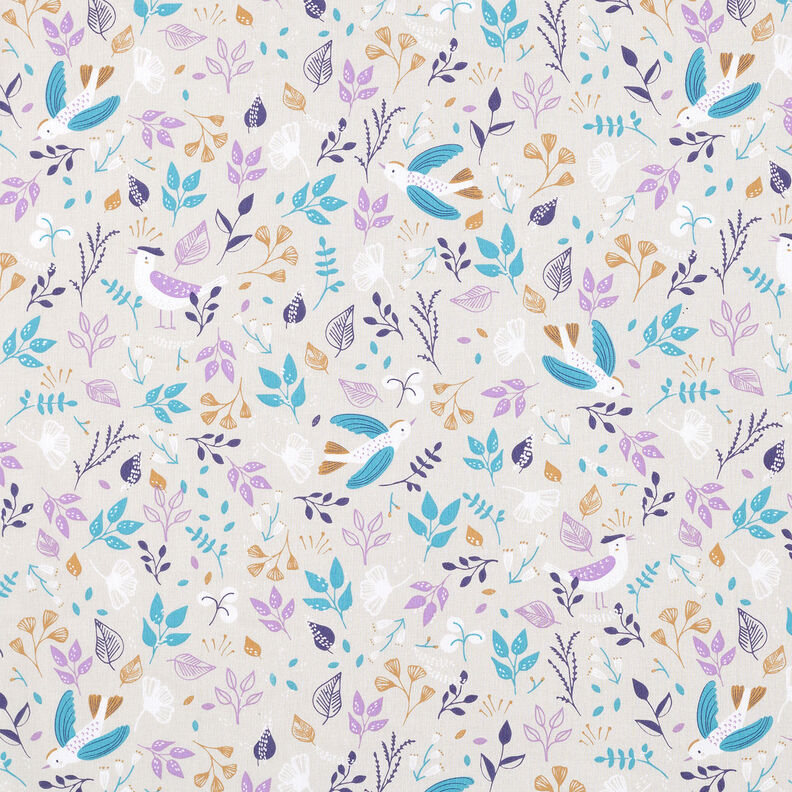 Cotton Poplin Flower meadow with little birds – natural,  image number 1