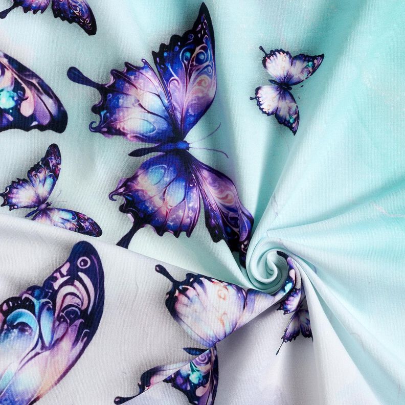 Cotton Jersey Magical Fluttering Butterflies | Glitzerpüppi  – ice blue/lavender,  image number 3