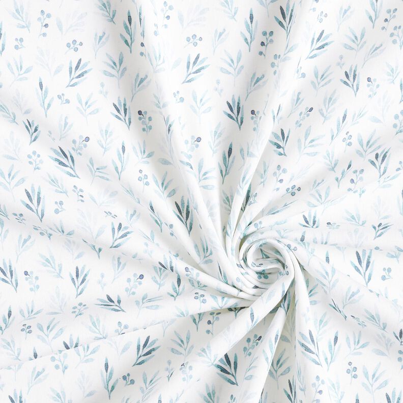 Cotton Jersey delicate watercolour branches and flowers Digital Print – ivory/denim blue,  image number 3