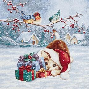 Decorative Panel Tapestry Fabric Cat with Gifts – light blue/carmine, 