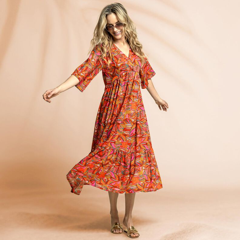 Beachwear viscose fabric peacocks and flowers – orange/burgundy, image number 5