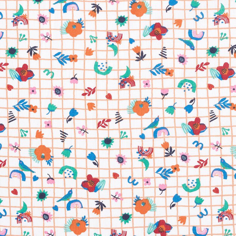 Cotton Cretonne Check with flowers – white/peppermint,  image number 1