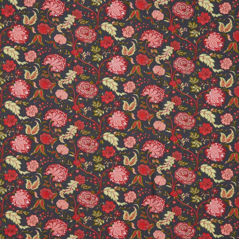 viscose fabric Paisley flowers – anthracite/fire red,  image number 1