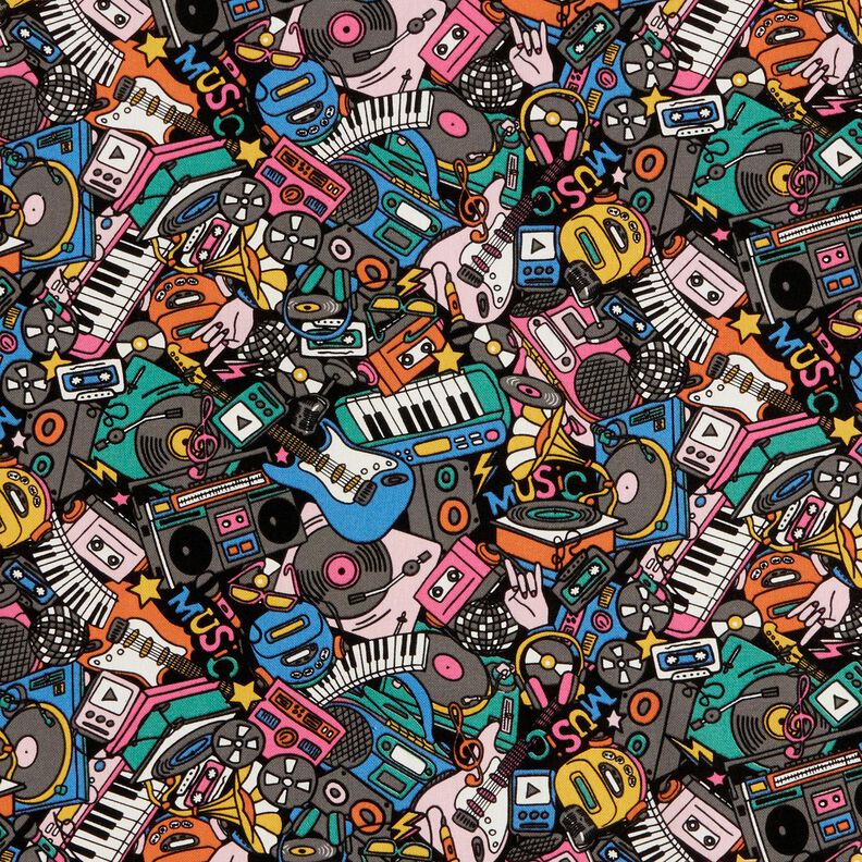 Decor Fabric Half Panama musical instruments – black/pink,  image number 1