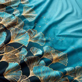 Cotton Jersey Golden ginkgo leaves border fabric | Glitzerpüppi – black/turquoise, 