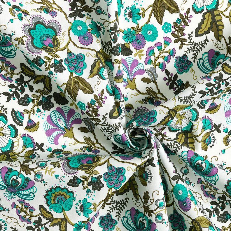 Cotton Poplin paisley flowers – ivory/emerald green,  image number 3