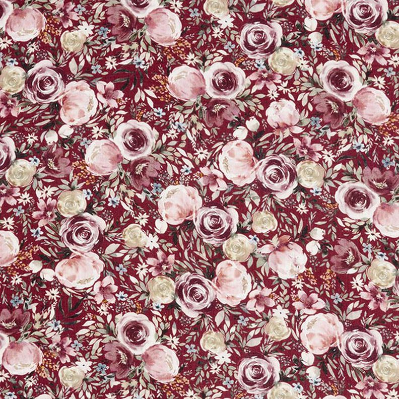 Double Gauze/Muslin Watercolour Roses Digital Print – burgundy,  image number 1