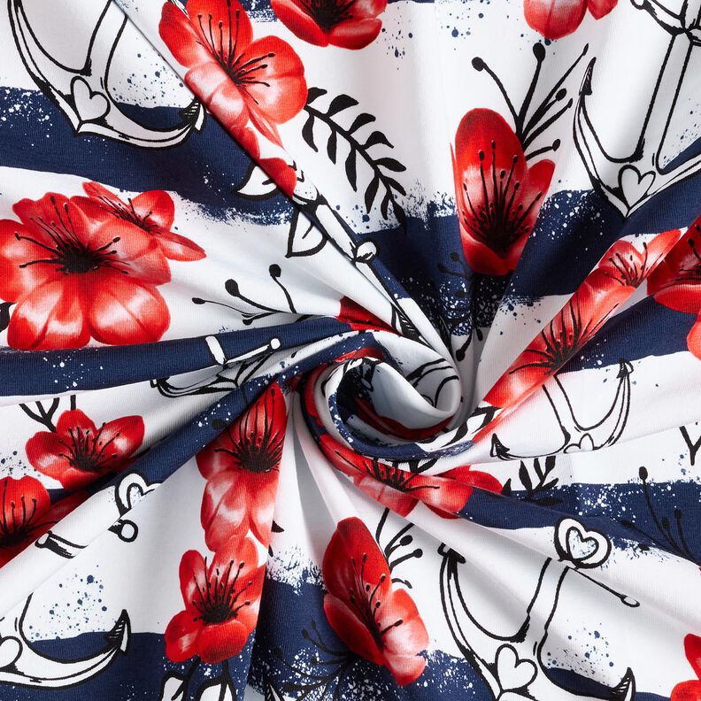 Cotton Jersey flowers & anchor stripes | Glitzerpüppi – white/chili,  image number 3