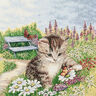 Decorative Panel Tapestry Fabric playing kitten – carmine/light beige,  thumbnail number 1