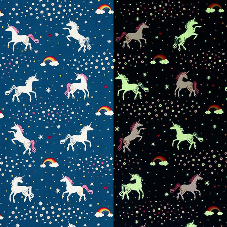 Decor Fabric Glow in the dark dancing unicorns – ocean blue/pink,  image number 1