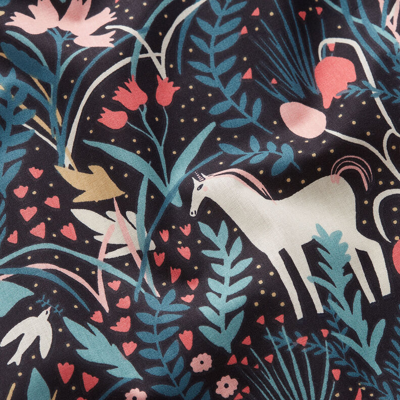 Cotton Poplin Unicorn in the Fairytale Forest – black,  image number 2