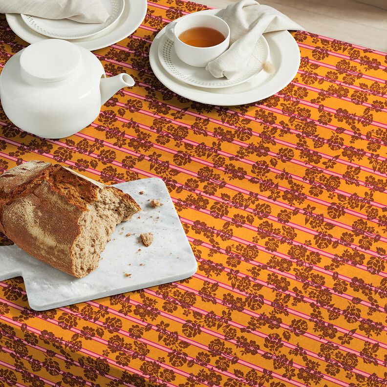 Cotton Cretonne Flowers on Stripes – curry yellow/purple, image number 5