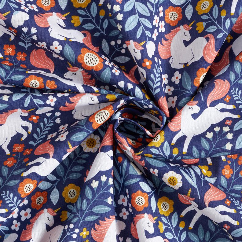 Cotton Poplin Floral Unicorn Digital Print – indigo,  image number 3