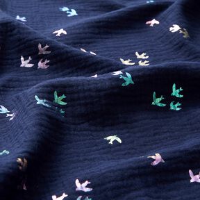Double Gauze/Muslin Swallows Foil Print | Poppy Fabrics – midnight blue/colour mix | Remnant 10cm, 