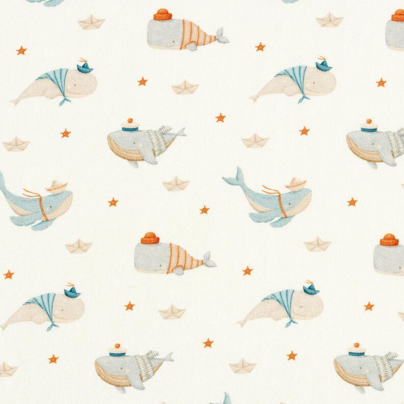Cotton Jersey maritime whales Digital Print – offwhite, image number 1