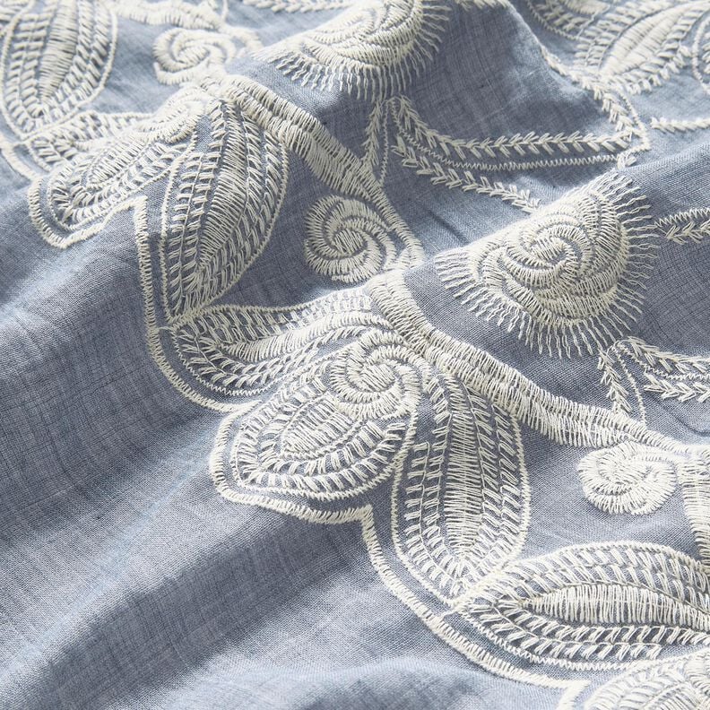 <h2>Cotton Fabric Floral Embroidery &ndash; Light Denim Blue Batiste with Off-White Stitching</h2>,  image number 6