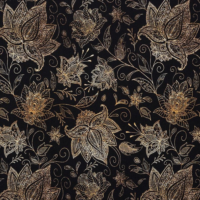 Cotton Jersey golden mandala flowers | Glitzerpüppi – black/gold, image number 1
