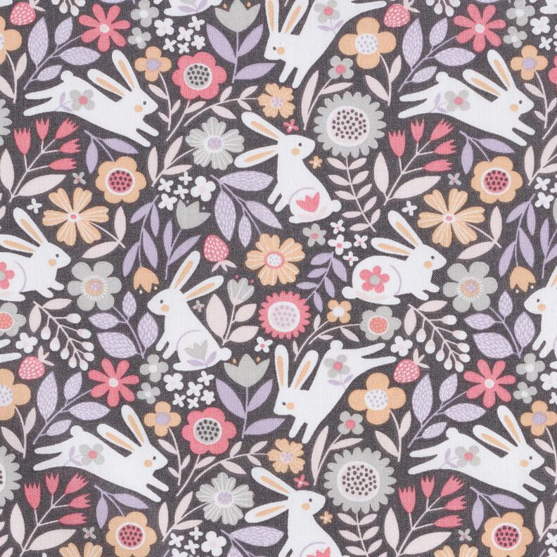 Cotton Poplin Rabbits in the flower meadow – dark grey,  image number 1