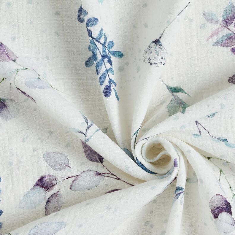 Double Gauze/Muslin Watercolor eucalyptus branches – offwhite/aqua blue,  image number 3