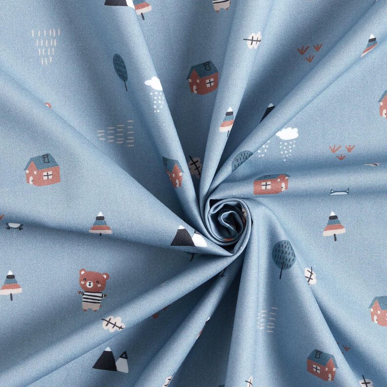 GOTS Cotton Poplin Bear and owl on the move – light wash denim blue,  image number 3
