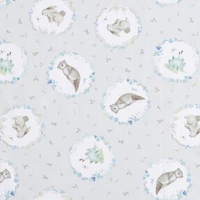 Cotton Poplin Animals in the Flower Circle Digital Print – silver grey/white, 