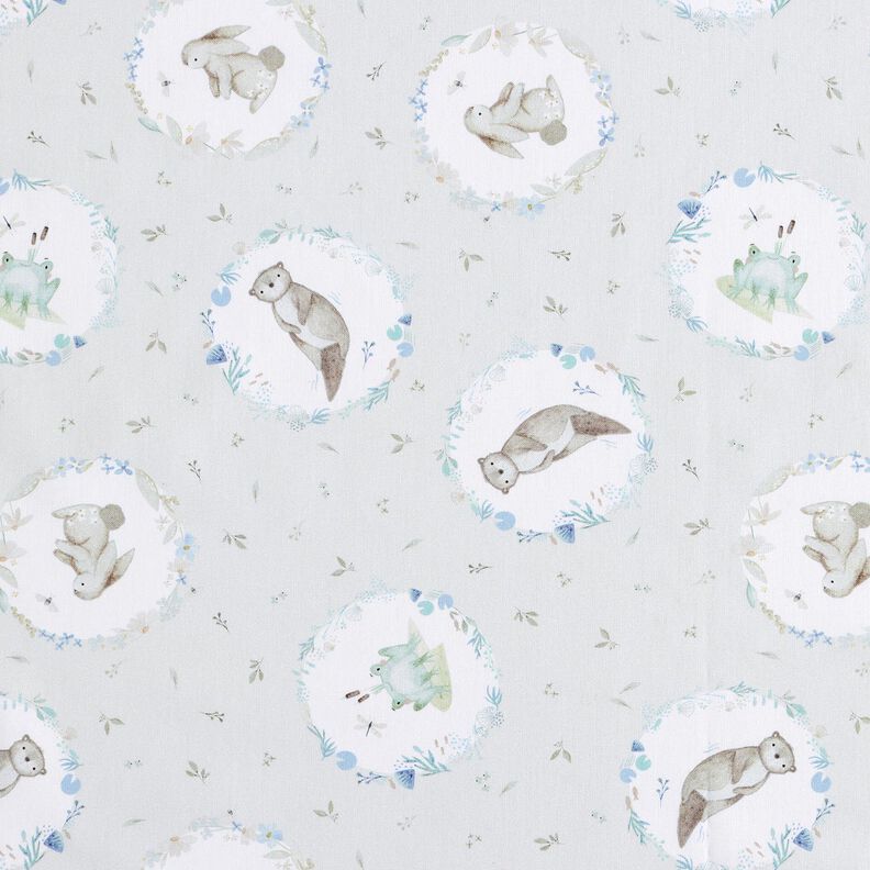Cotton Poplin Animals in the Flower Circle Digital Print – silver grey/white,  image number 1