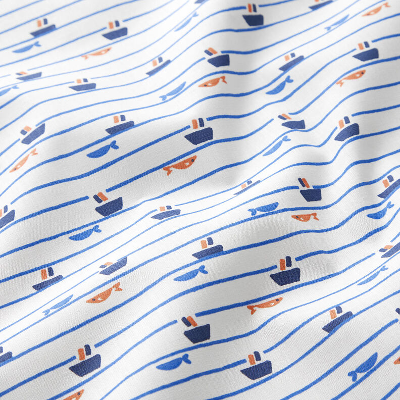 Cotton Poplin Stripes, ships and fish – white/royal blue,  image number 2