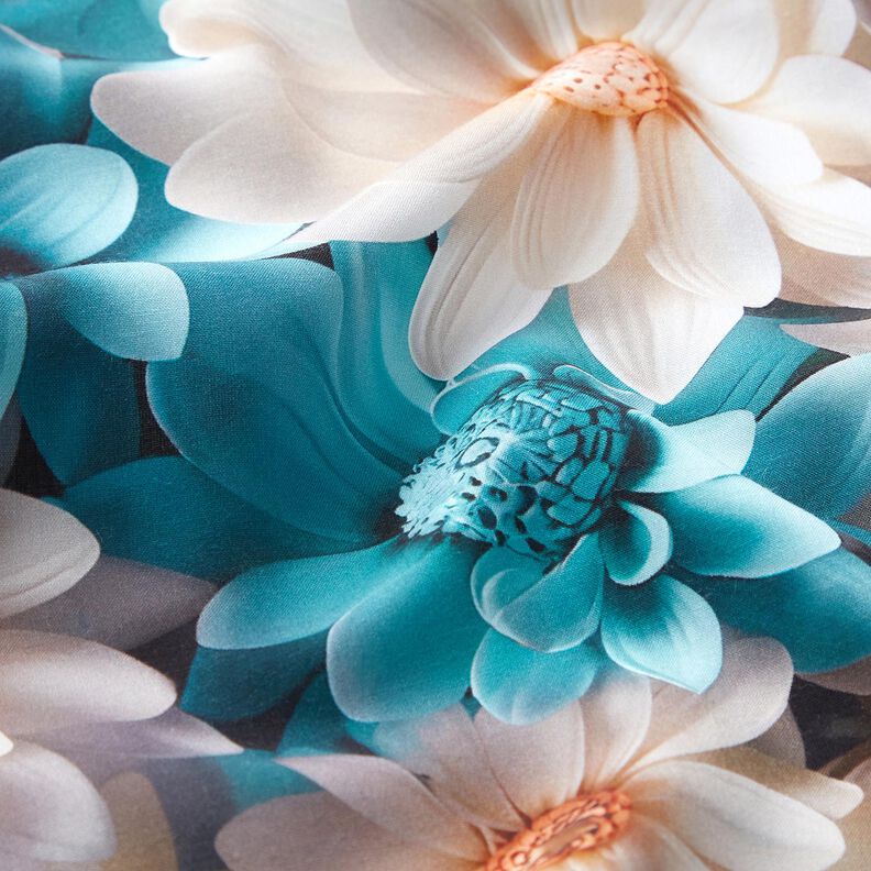viscose fabric Chamomile flowers digital print – natural/light petrol,  image number 2