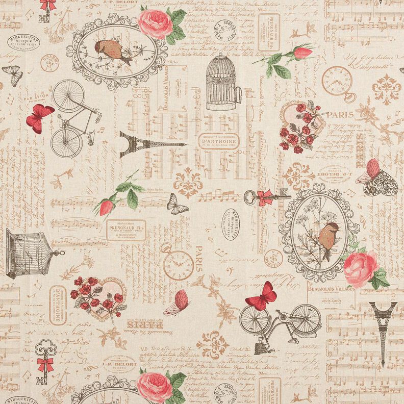 Decor Fabric Half Panama romantic collage – natural/pale berry,  image number 1