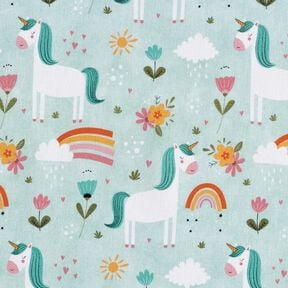 Cotton Poplin Unicorn in the rainbow world Digital Print – ice blue, 