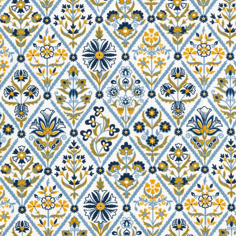 Cotton Cretonne flower tiles – white/brilliant blue,  image number 1