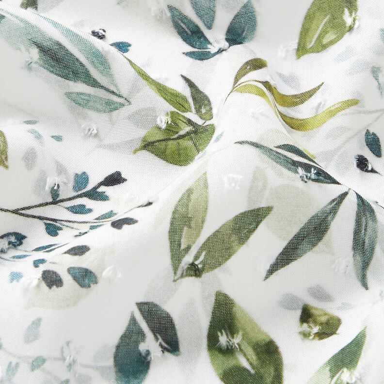 Viscose fabric dobby Leaves – white/dark green,  image number 2