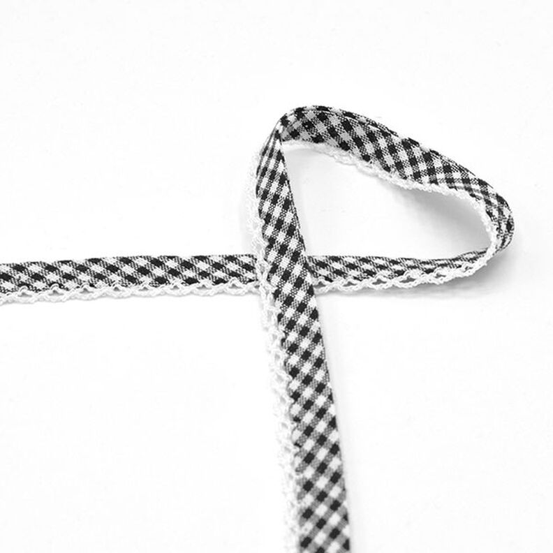 Bias binding Vichy check with crochet border [20 mm] – black,  image number 2