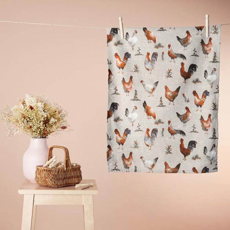 Decor Fabric Half Panama Chickens – natural/terracotta,  image number 6