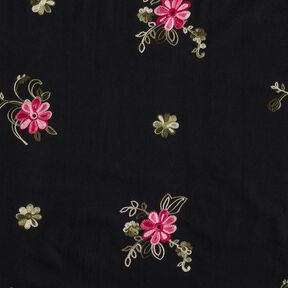 Cotton Poplin Embroidered bouquets – black/berry, 