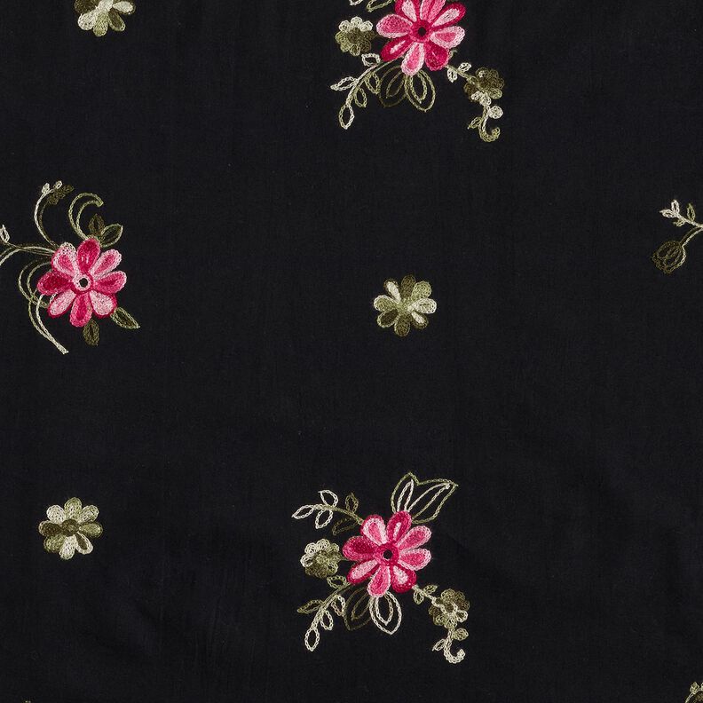 Cotton Poplin Embroidered bouquets – black/berry,  image number 1