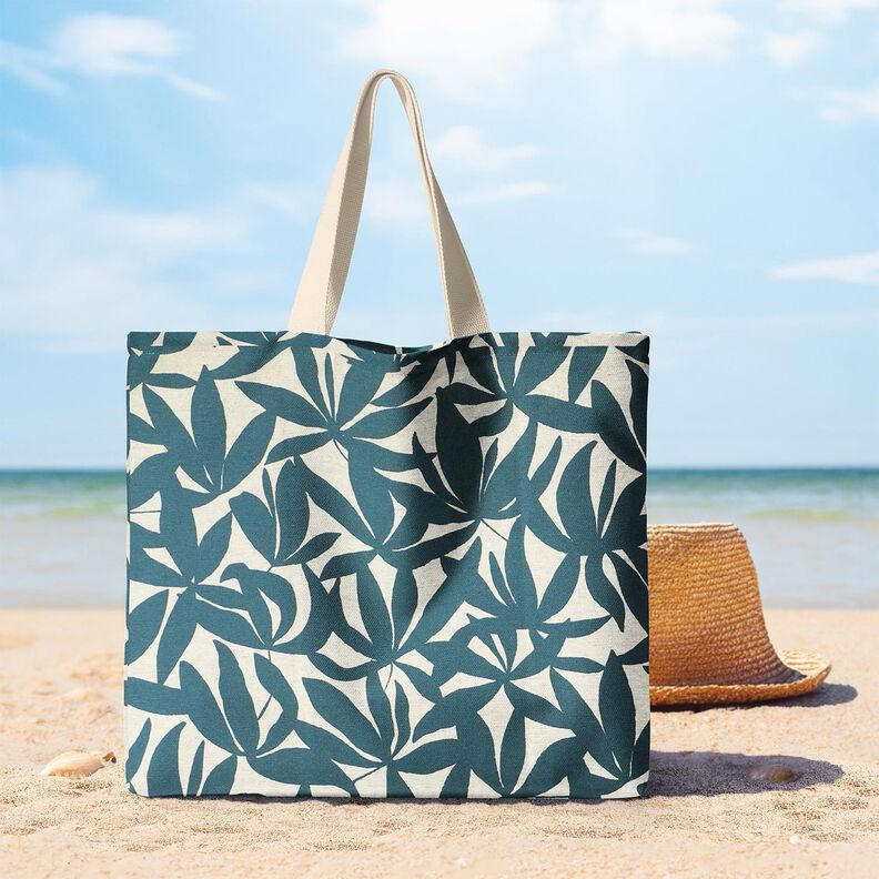 Decor Fabric Half Panama plain leaves – ocean blue/natural, image number 10